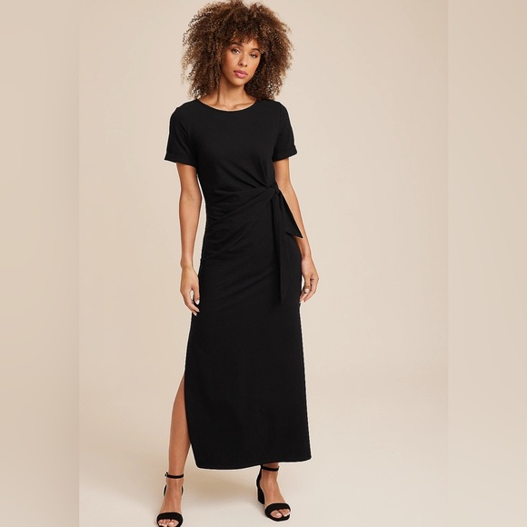 Maurices Black Cotton Tie Waist Maxi Dress Side Slit Short Sleeve, Size Medium - Picture 1 of 10